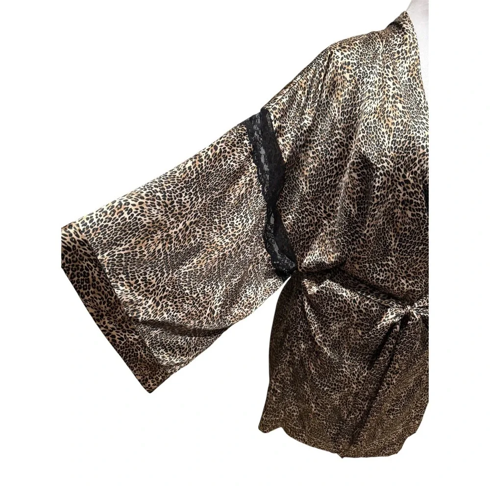 Victoria Secret Leopard Print Set Slip‎ Dress & Wrap Around Lace Satin Robe M/L